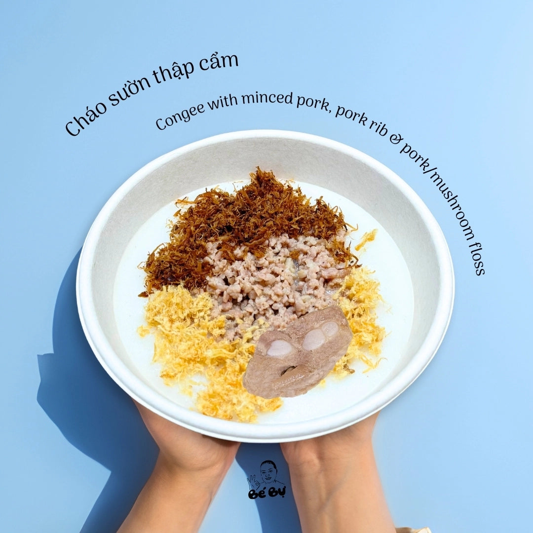Cháo Sườn Thập Cẩm: sườn non, thịt băm, ruốc thịt, ruốc nấm